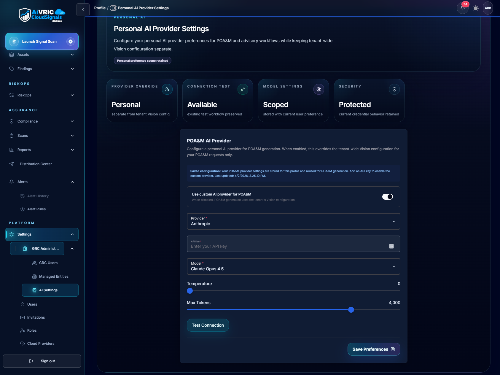 Overview dashboard shown when GRC AI settings page navigation was attempted — illustrating that this is a separate path from Vision AI config