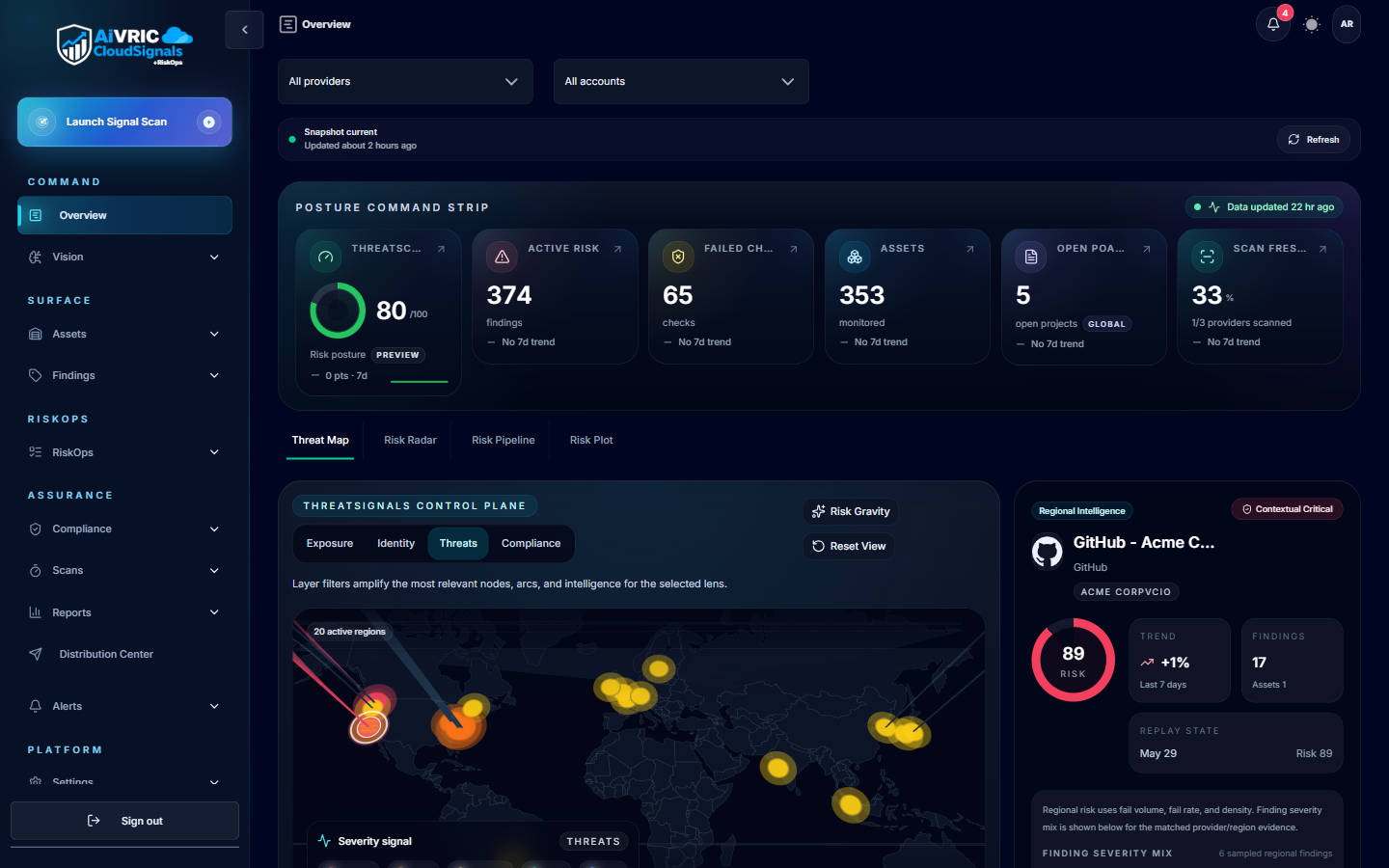 CloudSignals Command Center dashboard showing posture threat score, active findings by severity, threat map with global signal coverage, and control plane activity panels