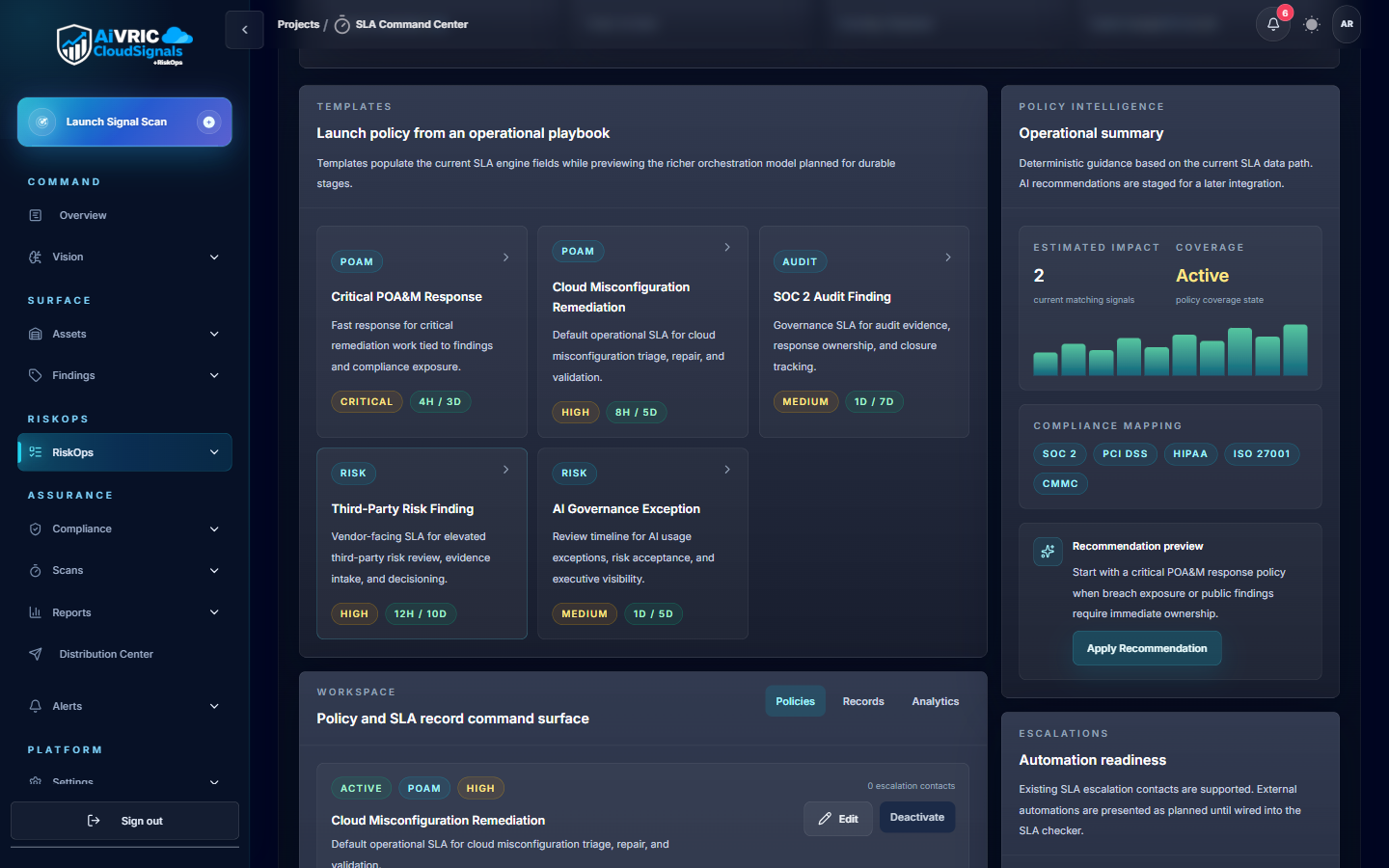 SLA Command Center showing operational playbook with Critical Firewall Response, Cloud Misconfiguration Default, SOC 2 Audit Finding, AI Governance Exception items and automation readiness panel