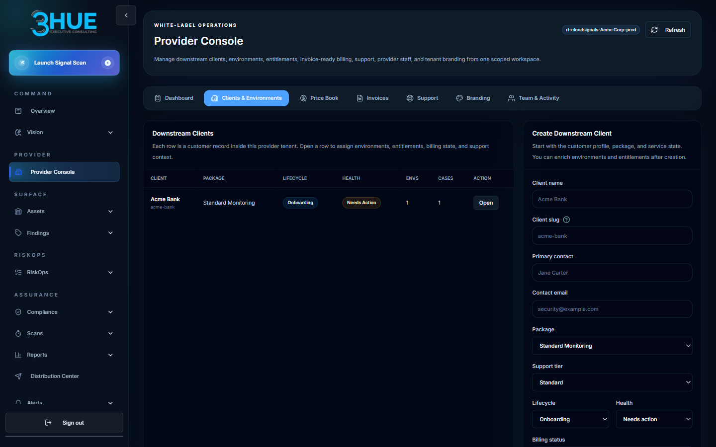 Downstream Clients tab showing client table with package, lifecycle, health, and environment counts, plus Create Downstream Client form with all required fields