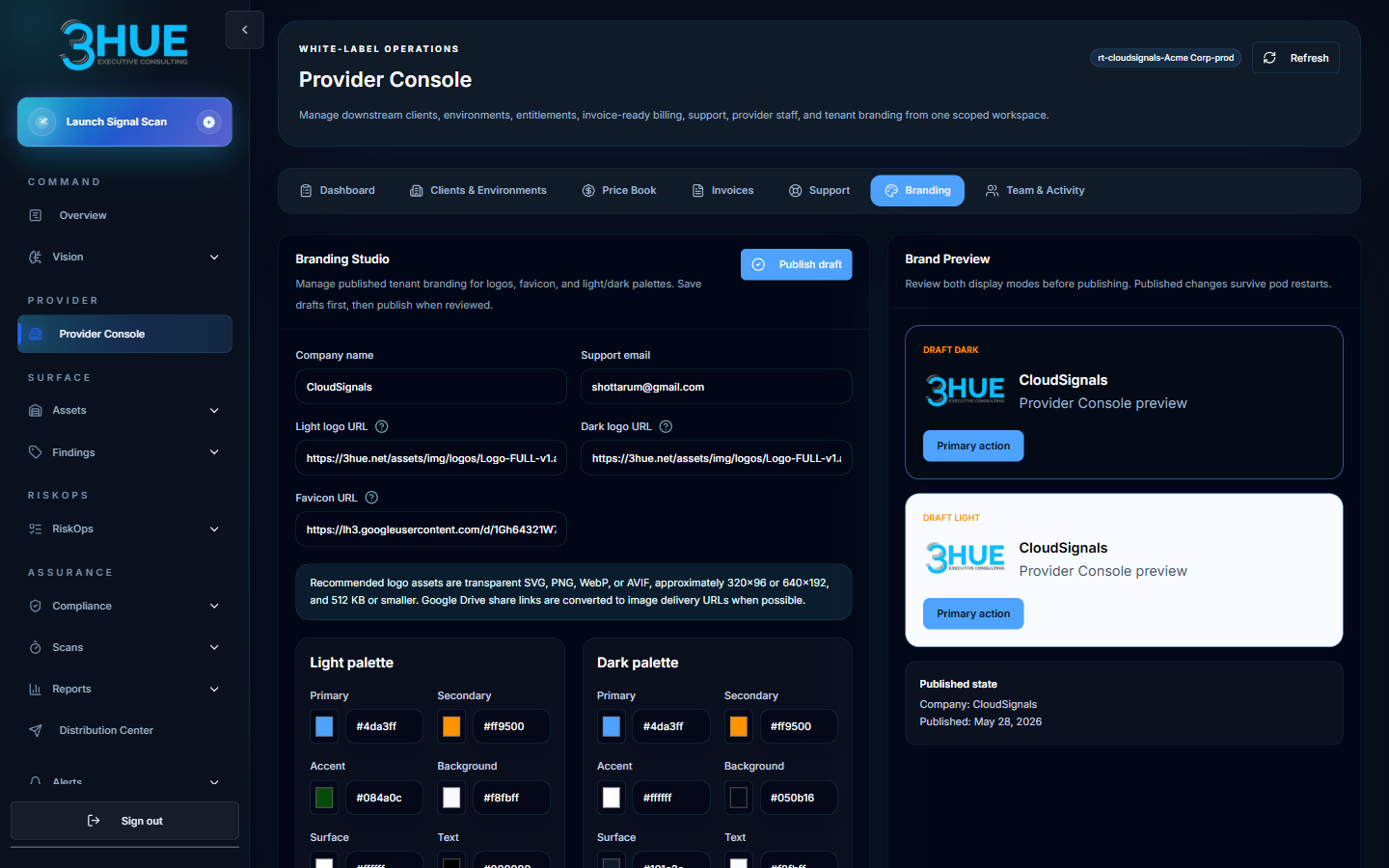 Branding Studio showing company name, support email, logo URL fields for light and dark mode, favicon URL, color palette pickers, brand preview panel, and published state