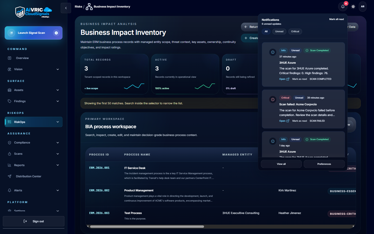 Business Impact Inventory showing business process workspace with BIA process records, managed entity linkage, and ownership columns