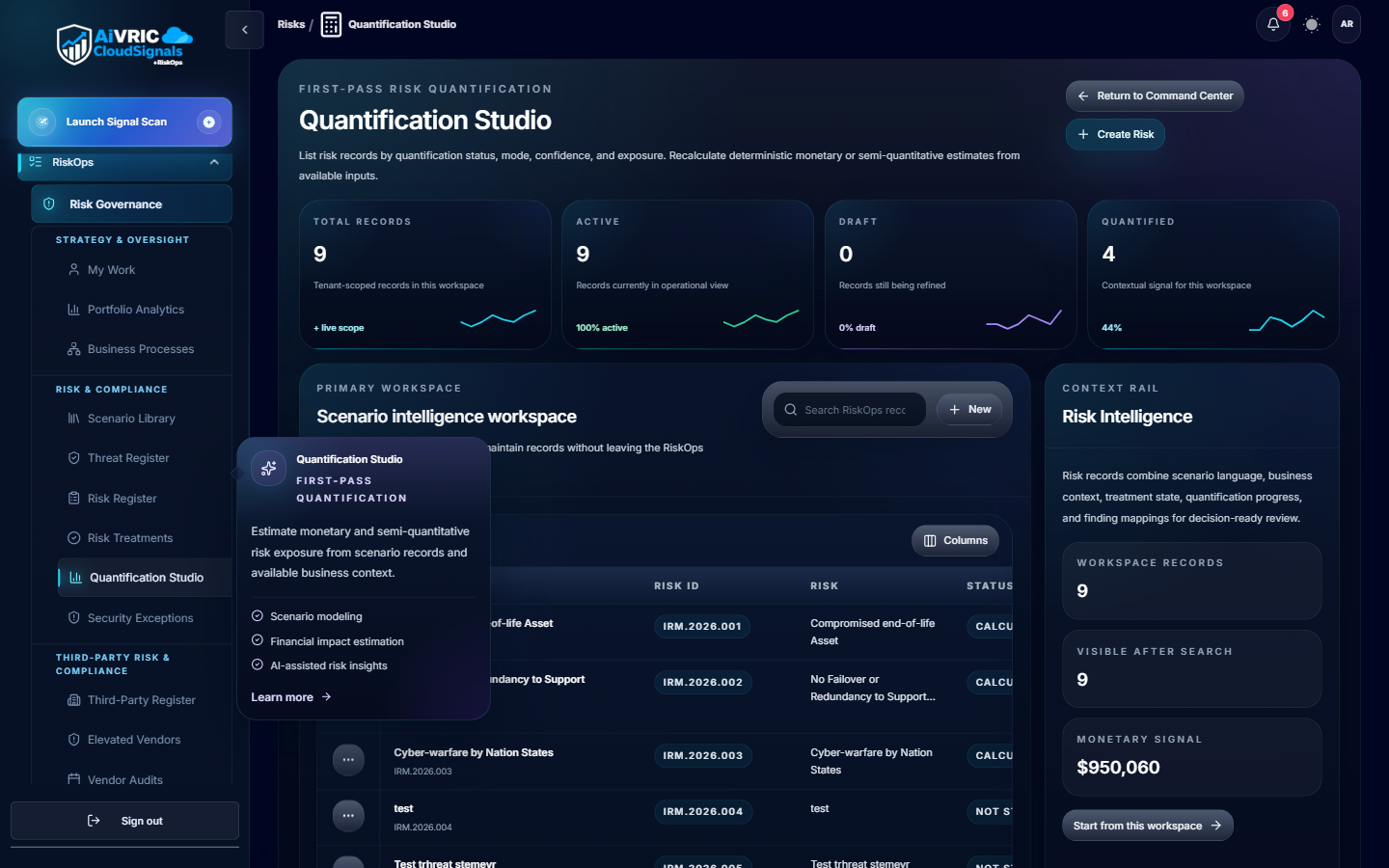 Quantification Studio showing Scenario Intelligence workspace with risk records, financial exposure values, probability distribution, and Risk Intelligence panel showing portfolio exposure of $950,060