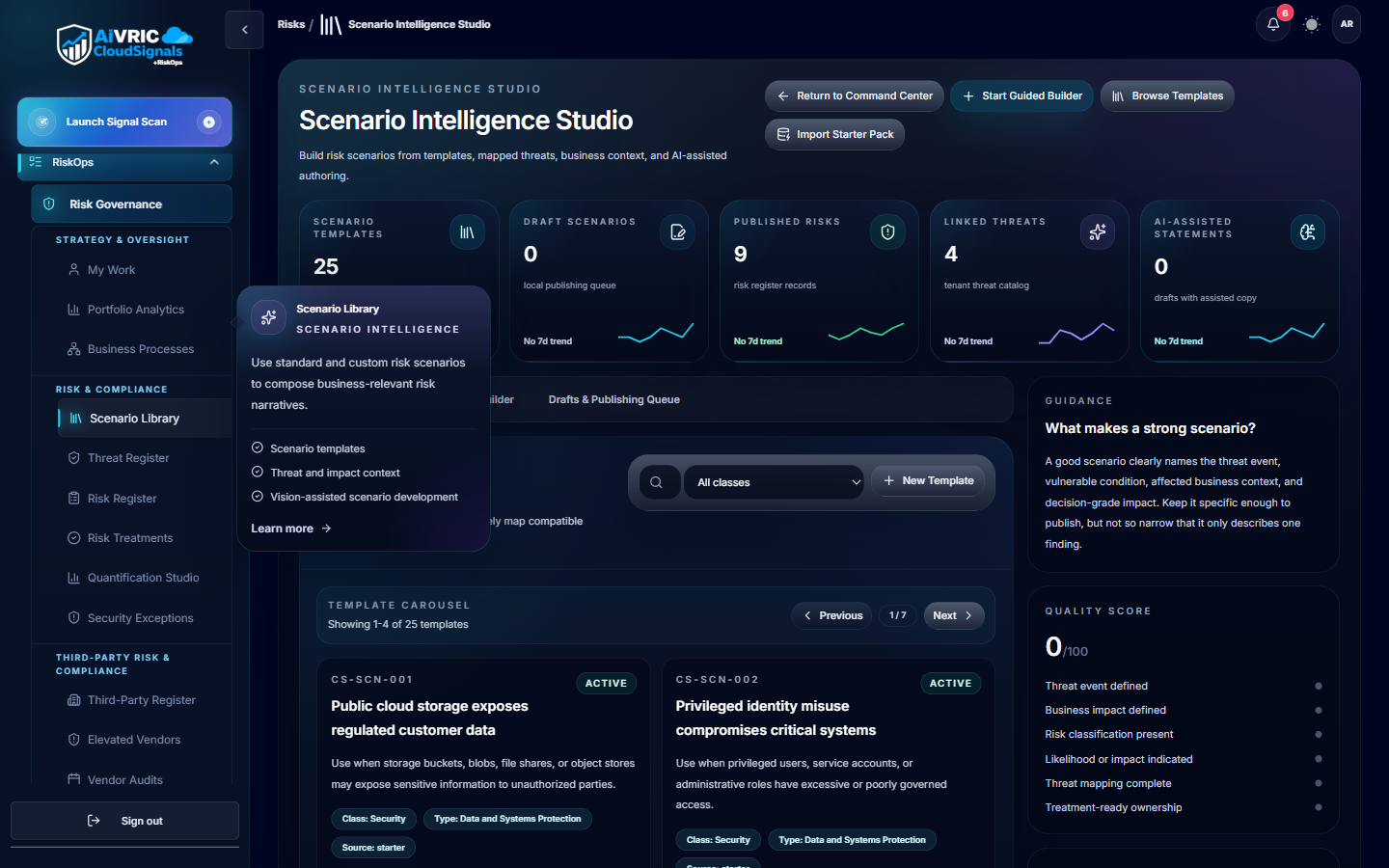 Scenario Intelligence Studio with scenario library, cloud storage exposure and privileged identity misuse template cards, and scenario quality evaluation panel