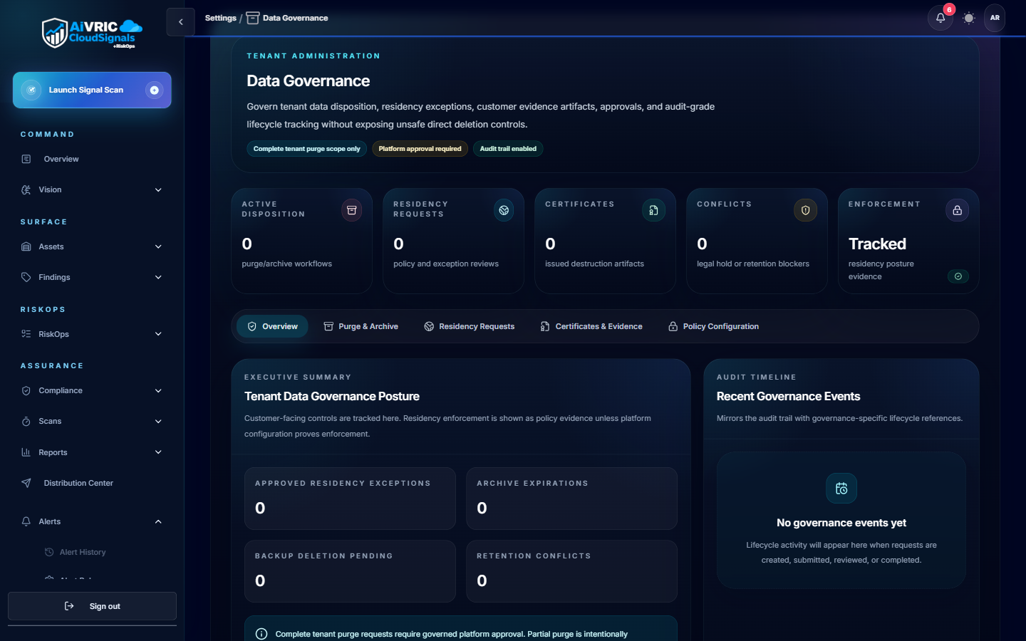 Data Governance settings showing tenant administration with advanced exception watch, advanced exceptions, resolution requests, certificates, evidence, and policy configuration tabs