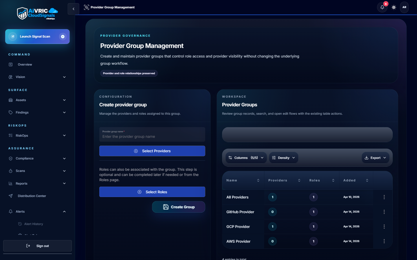 Provider Group Management page showing group creation form and existing groups table with All Providers, Customer Service, Marketing, and AWS Provider entries