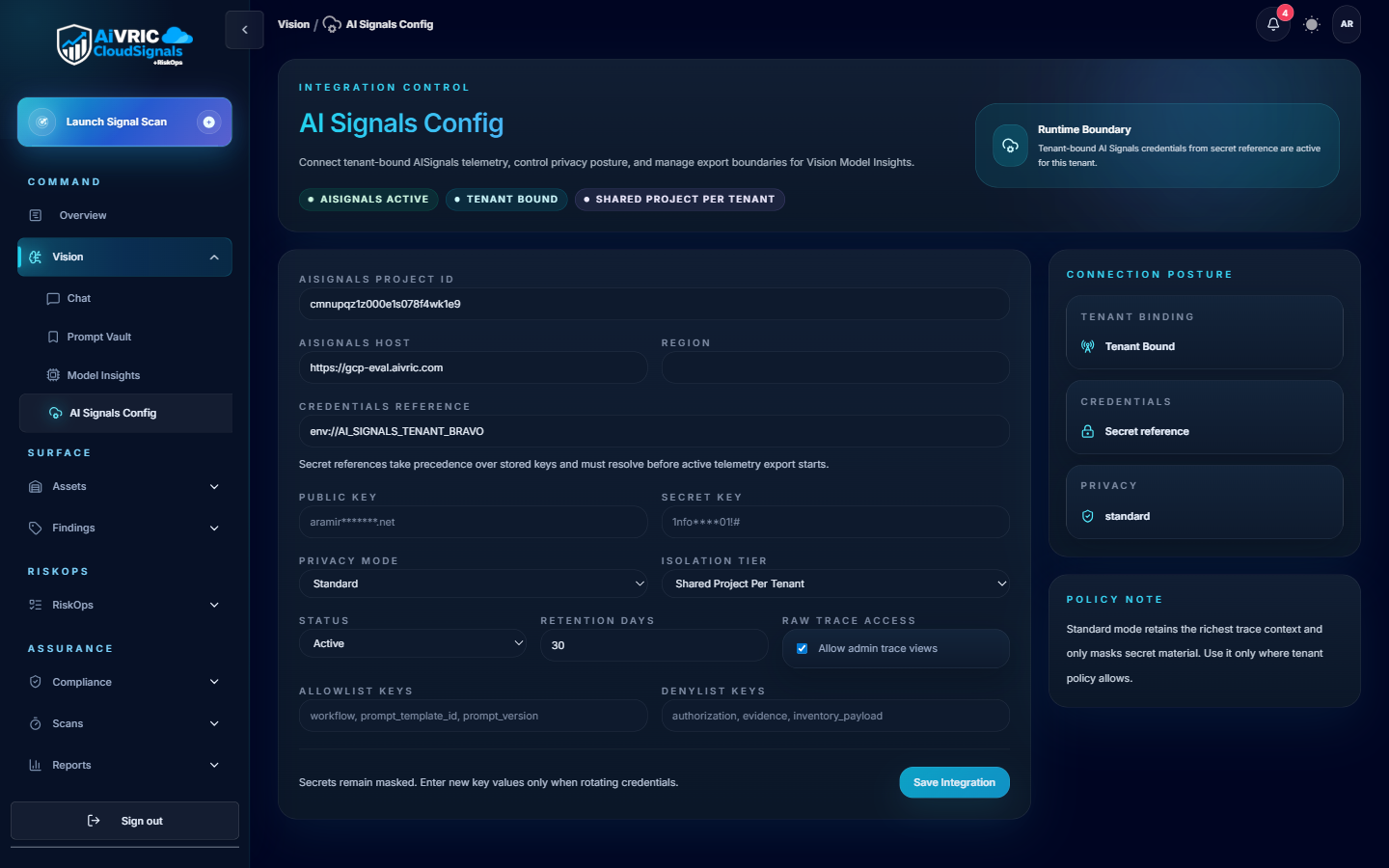 Vision AI Signals Config page showing integration control with endpoint, API key fields, connection routine settings, and Test Integration button